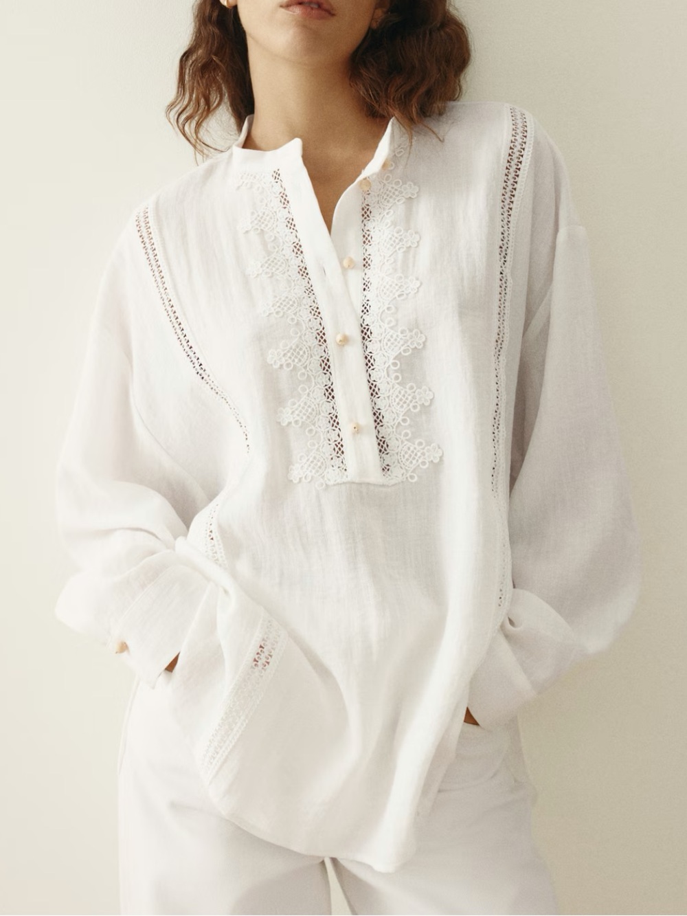 H&M White Lace-Trim Peasant Tunic
